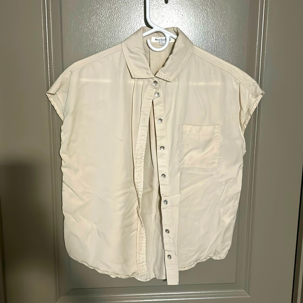 Tan cropped short sleeve button down